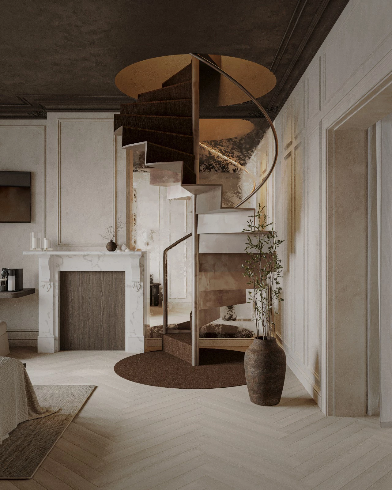 Draaitrap in suite kamer Heritage met zicht op de schouw.