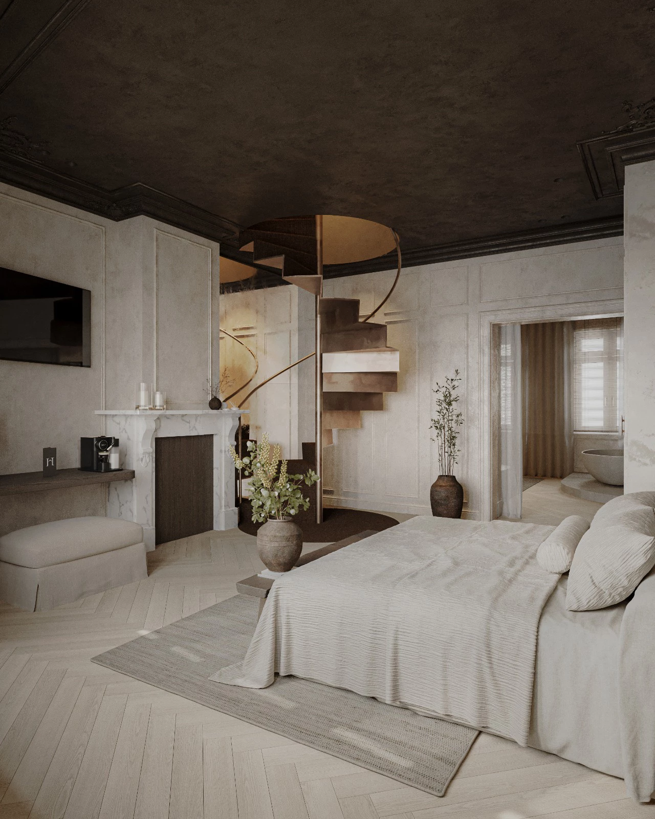 Suite kamer Heritage met zicht op de schouw en trap. Daarnaast het bureaublad en bankje.