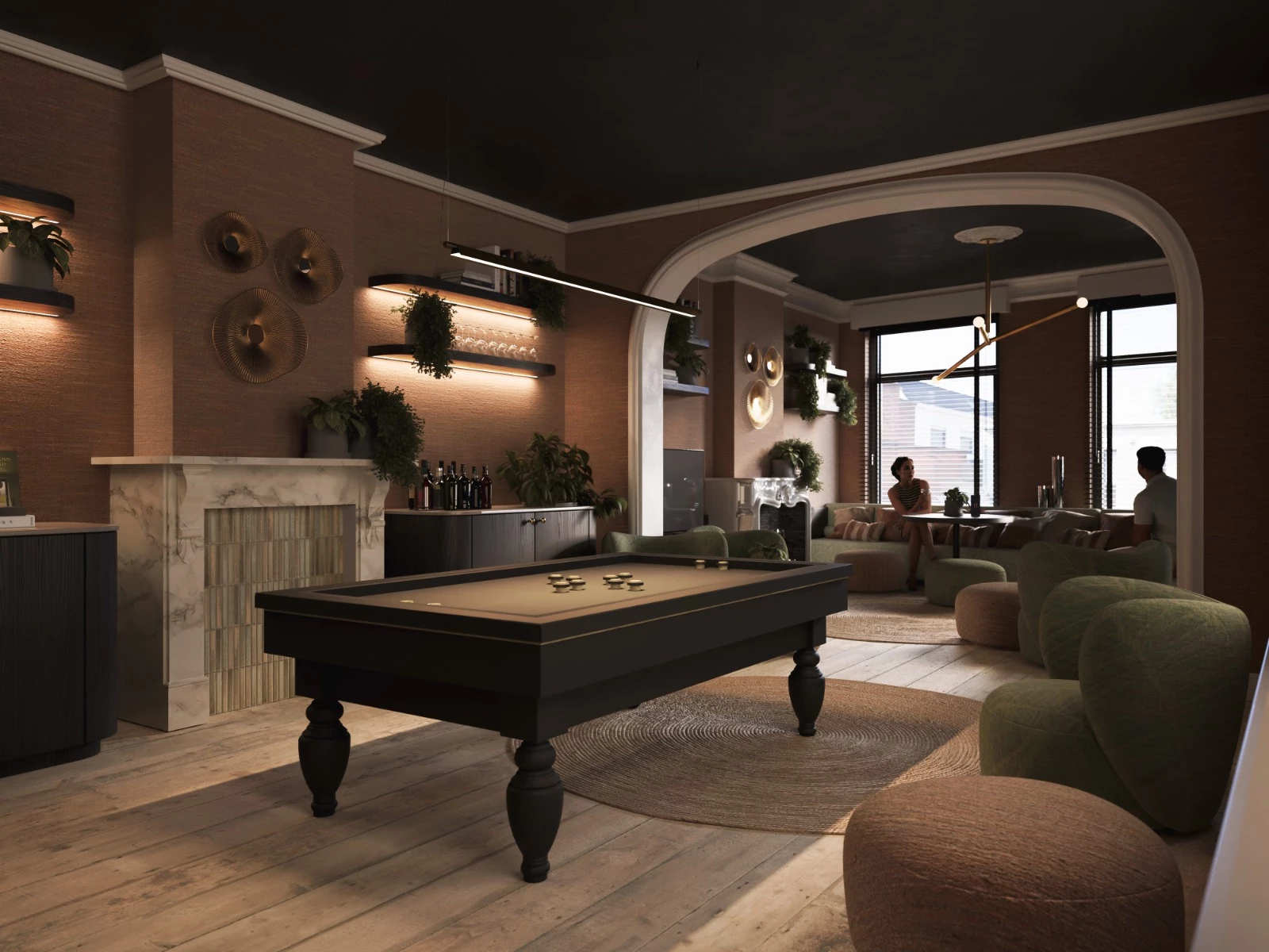 Lounge ruimte met biljart en honesty bar in Herenhuis Izegem